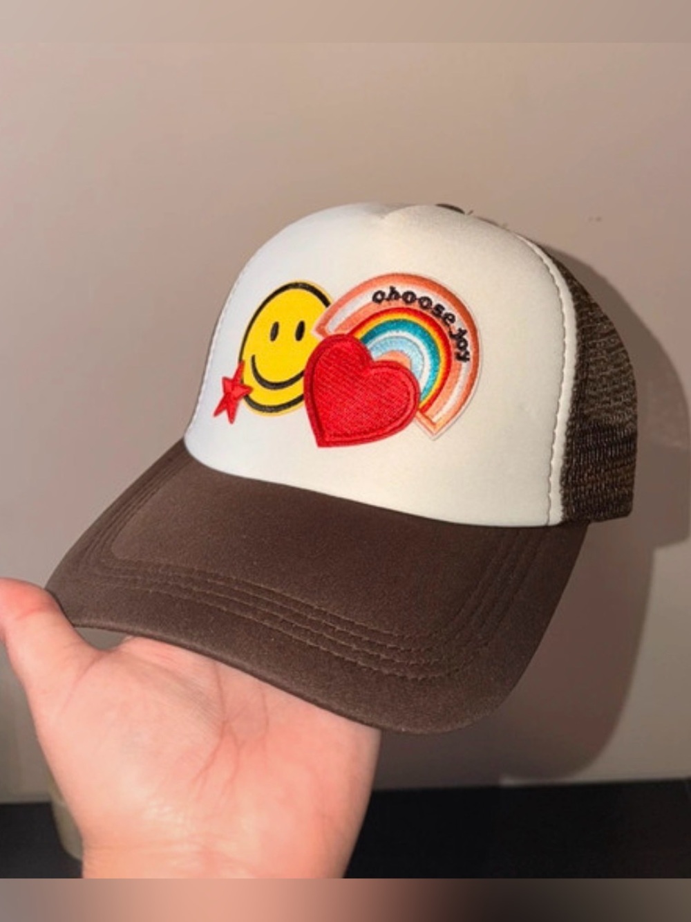 NWT Otto  Brown and White Smiley Rainbow Patch Trucker Hat